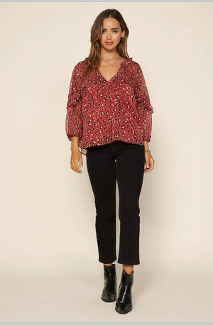 T123 FOIL LEOPARD RUFFLE TOP