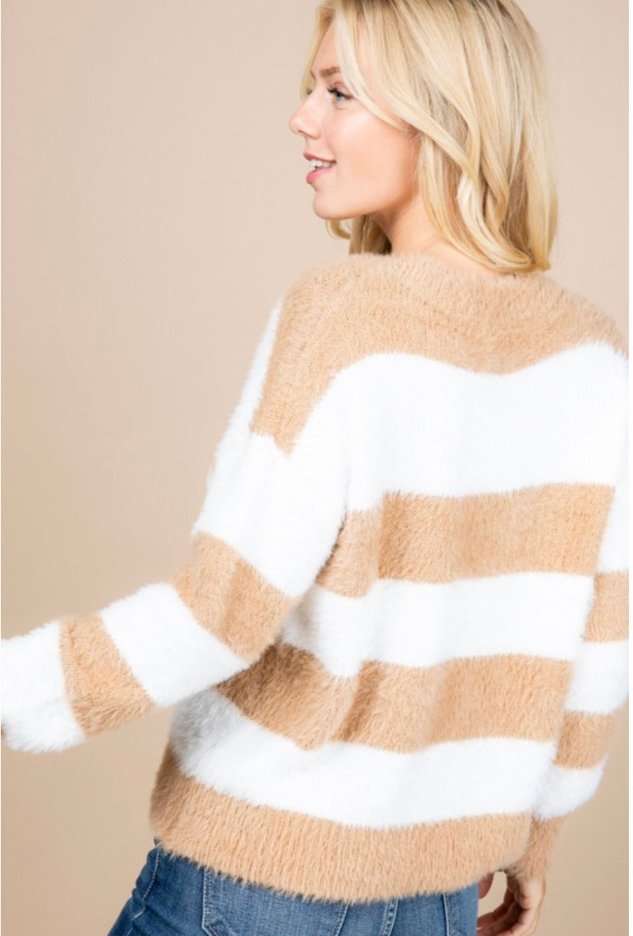 K45 STRIPE VARSITY FUZZY SWEATER