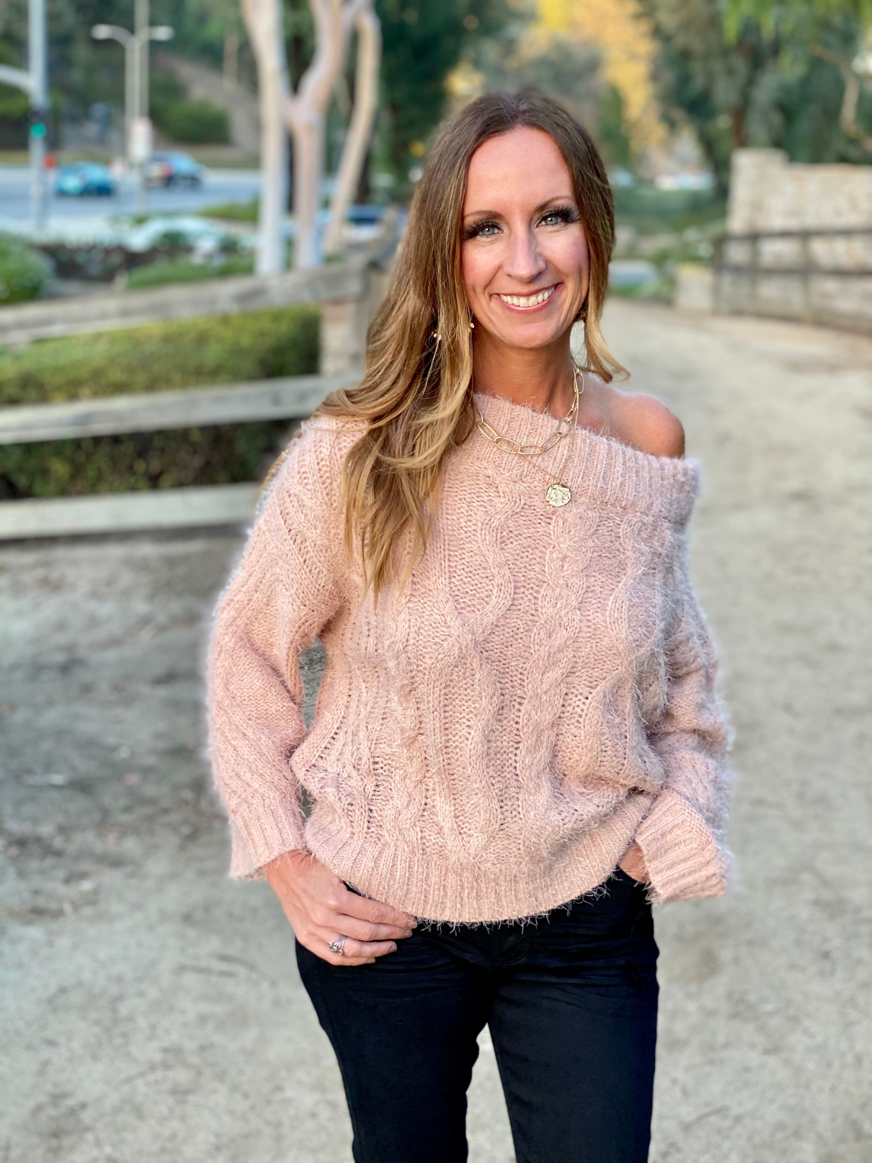 K38 FUZZY CABLE OFF SHOULDER SWEATER